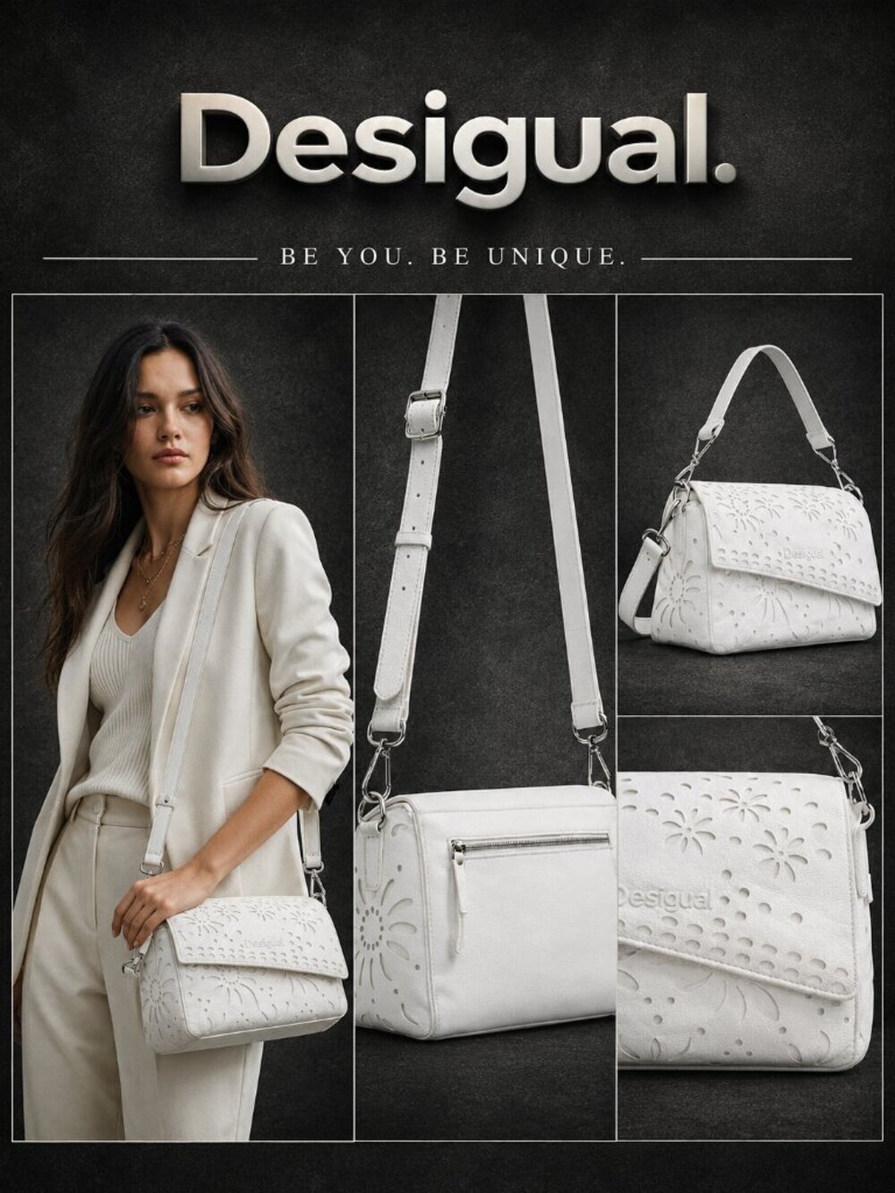 Desigual Floral White Laser-Cut Flap Bag - Versatile Summer Style EUC